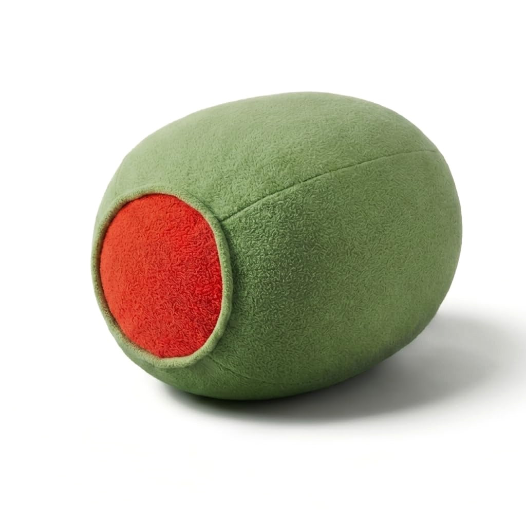 Green olive plush pillow — martini olive plushie with red pimento center on a white background