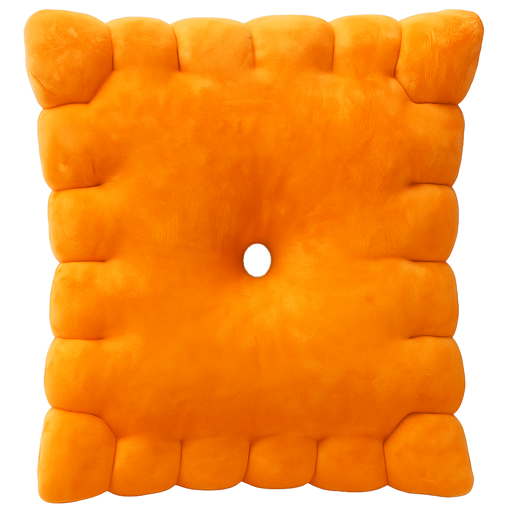 Cheese cracker plush pillow — orange square snack plushie with ridged edges and center hole