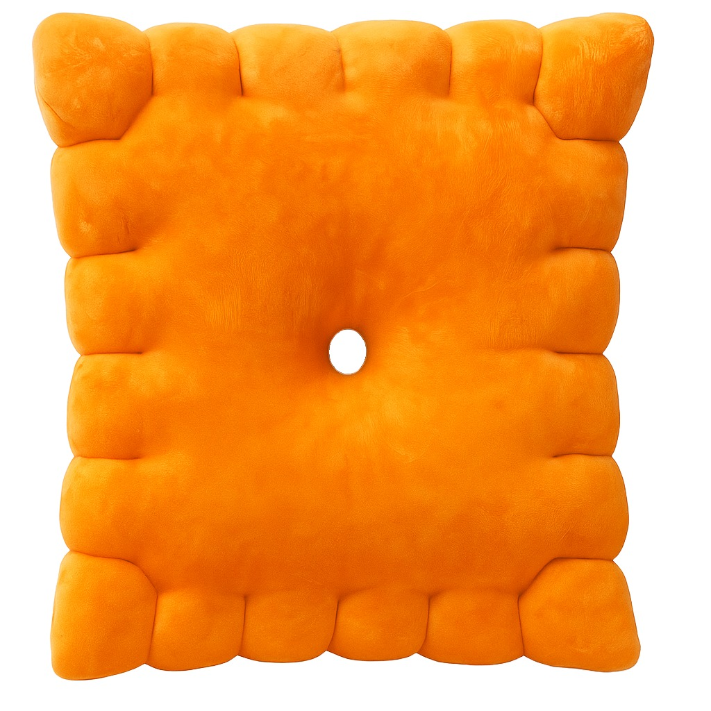 Cheese cracker plush pillow — orange square snack plushie with ridged edges and center hole on a white background
