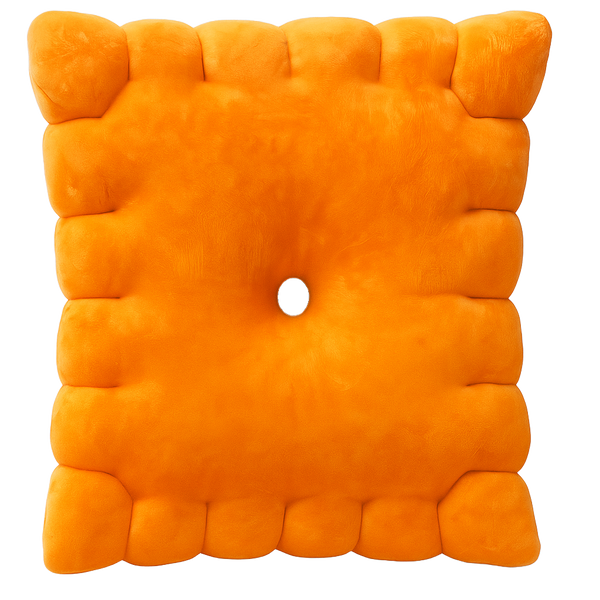 Cheese cracker plush pillow — orange square snack plushie with ridged edges and center hole