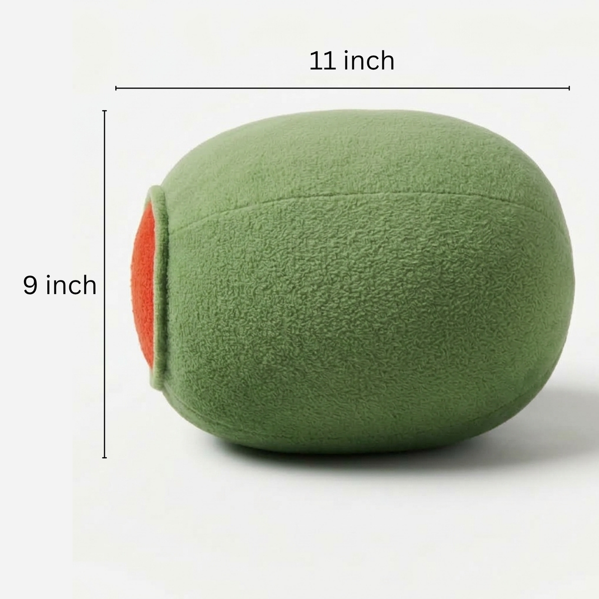Martini olive plush pillow size guide: about 11 inches wide and 9 inches tall